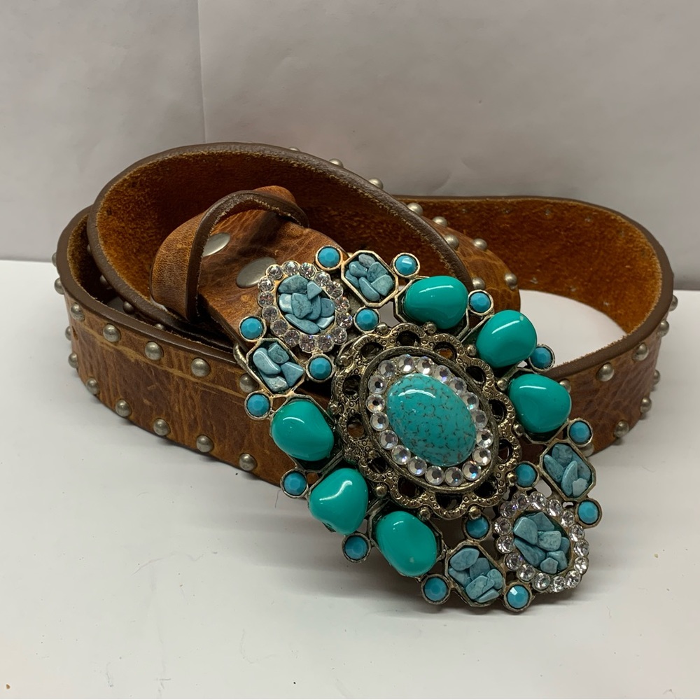 Leatherock Women’s Leather Belt Size 36 With Turquoise Stone And Studded Belt